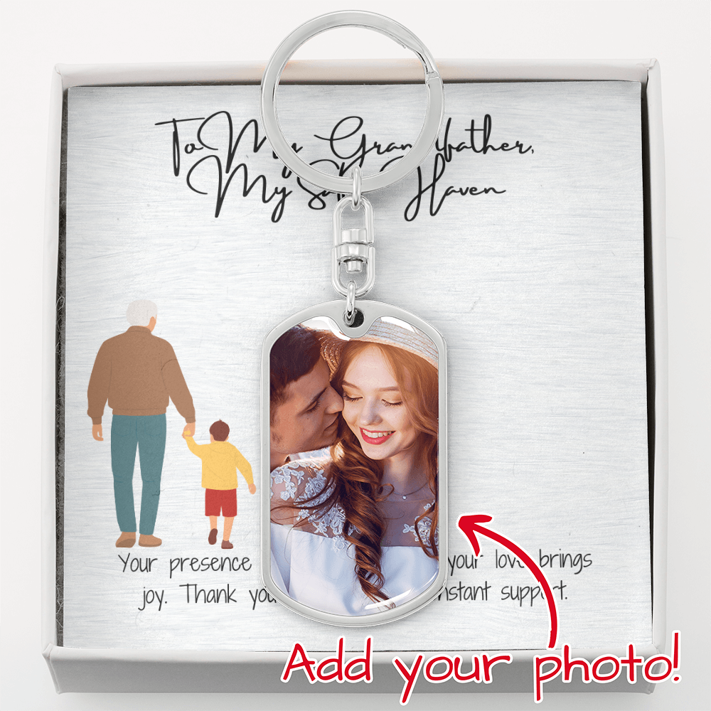 Graphic Dog Tag Keychain  "Guardian of Wisdom: To My Grandfather"