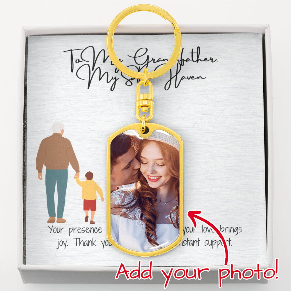 Graphic Dog Tag Keychain  "Guardian of Wisdom: To My Grandfather"