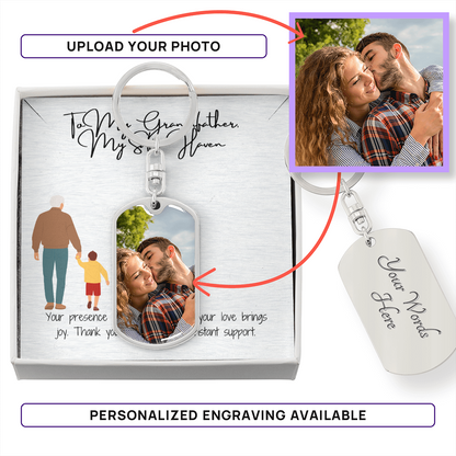 Graphic Dog Tag Keychain  "Guardian of Wisdom: To My Grandfather"