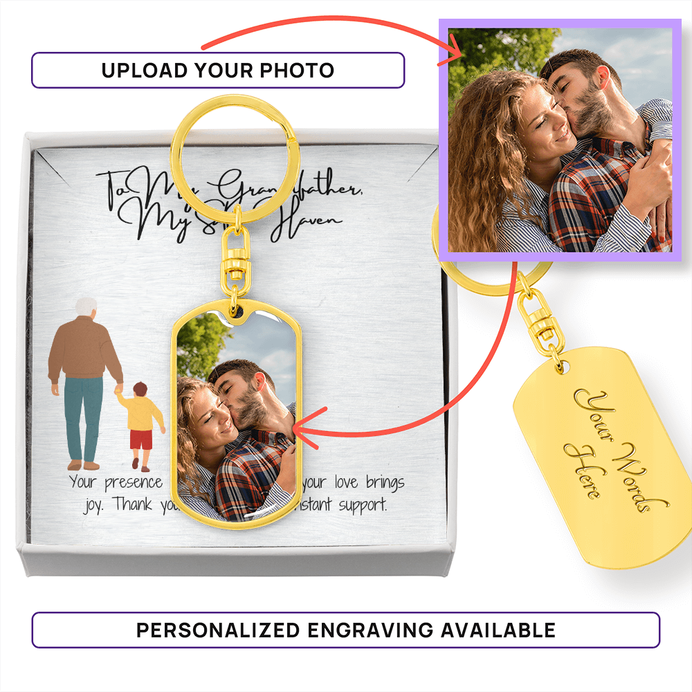 Graphic Dog Tag Keychain  "Guardian of Wisdom: To My Grandfather"