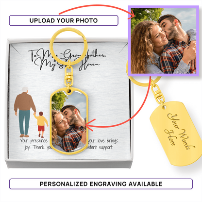 Graphic Dog Tag Keychain  "Guardian of Wisdom: To My Grandfather"